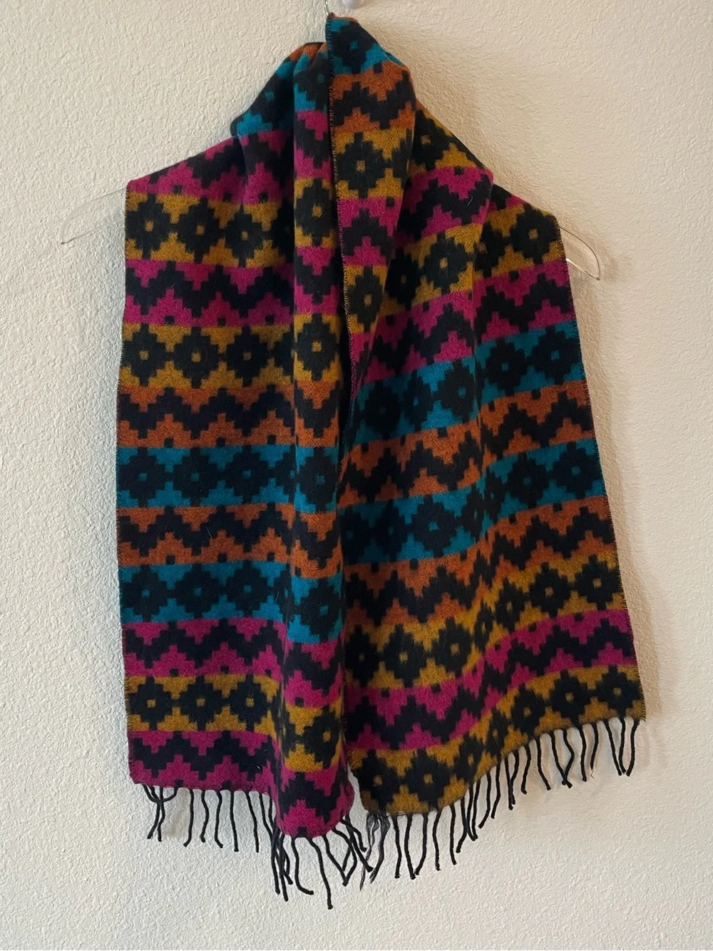 Vintage Benetton Geometric Pattern Fringe Scarf - Multicolor Wool
